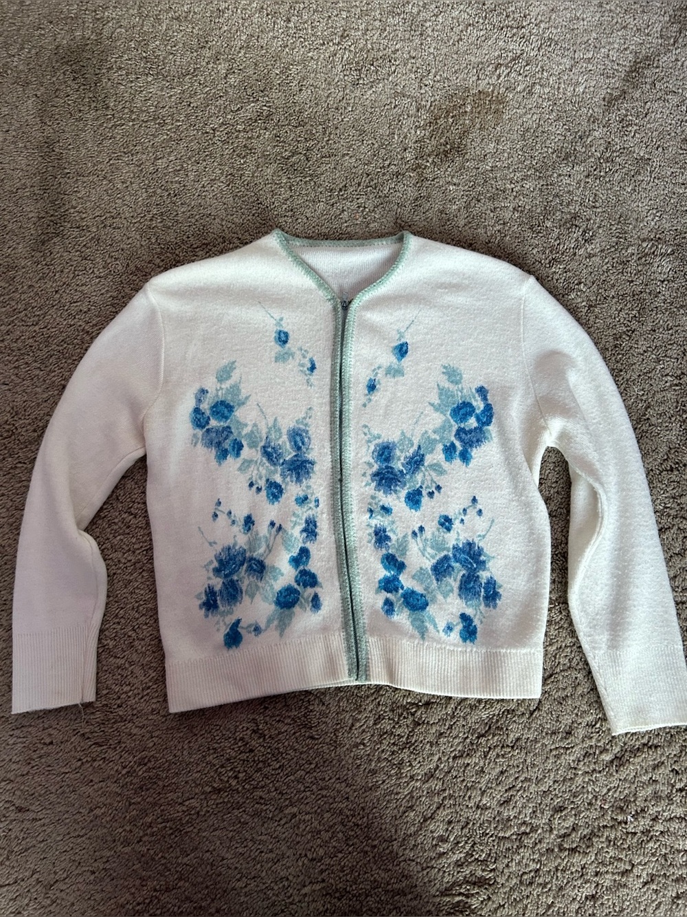 White Women's Floral Cardigan Sweater with Blue Print